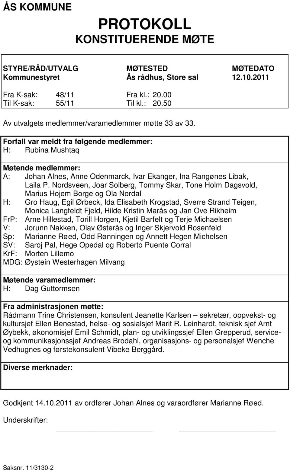 Forfall var meldt fra følgende medlemmer: H: Rubina Mushtaq Møtende medlemmer: A: Johan Alnes, Anne Odenmarck, Ivar Ekanger, Ina Rangønes Libak, Laila P.