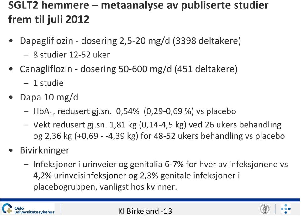 0,54% (0,29-0,69 %) vs placebo Vekt redusert gj.sn.