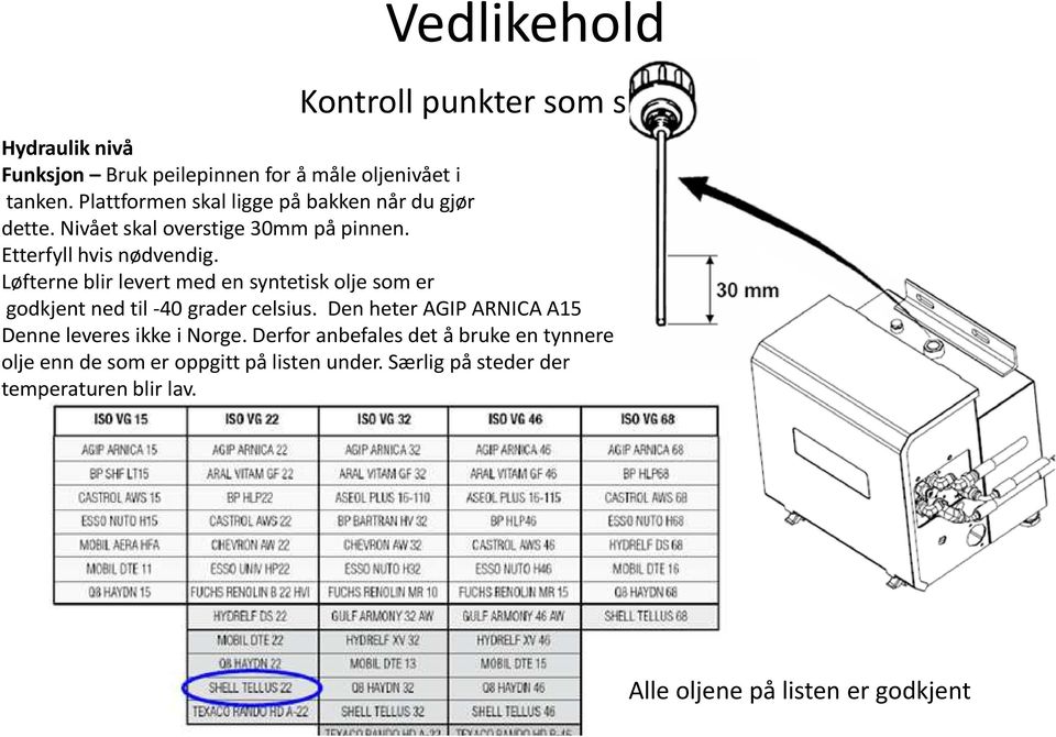 Løfterne blir levert med en syntetisk olje som er godkjent ned til -40 grader celsius.