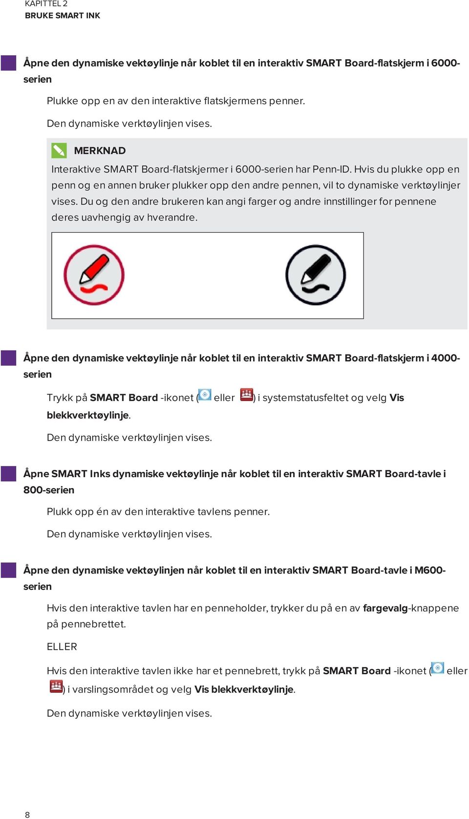 Hvis du plukke opp en penn og en annen bruker plukker opp den andre pennen, vil to dynamiske verktøylinjer vises.