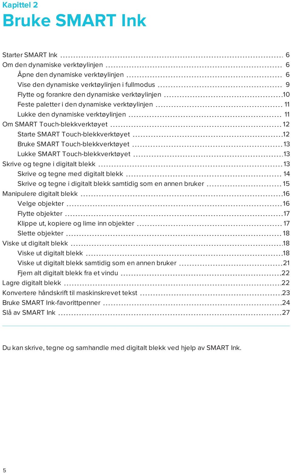 Touch-blekkverktøyet 13 Lukke SMART Touch-blekkverktøyet 13 Skrive og tegne i digitalt blekk 13 Skrive og tegne med digitalt blekk 14 Skrive og tegne i digitalt blekk samtidig som en annen bruker 15