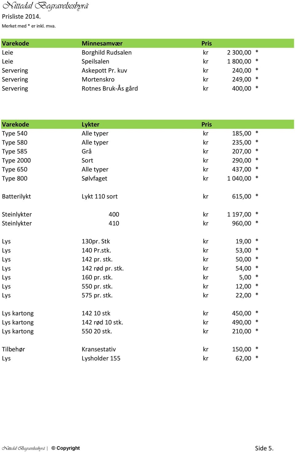 * Type 2000 Sort kr 290,00 * Type 650 Alle typer kr 437,00 * Type 800 Sølvfaget kr 1 040,00 * Batterilykt Lykt 110 sort kr 615,00 * Steinlykter 400 kr 1 197,00 * Steinlykter 410 kr 960,00 * Lys 130pr.