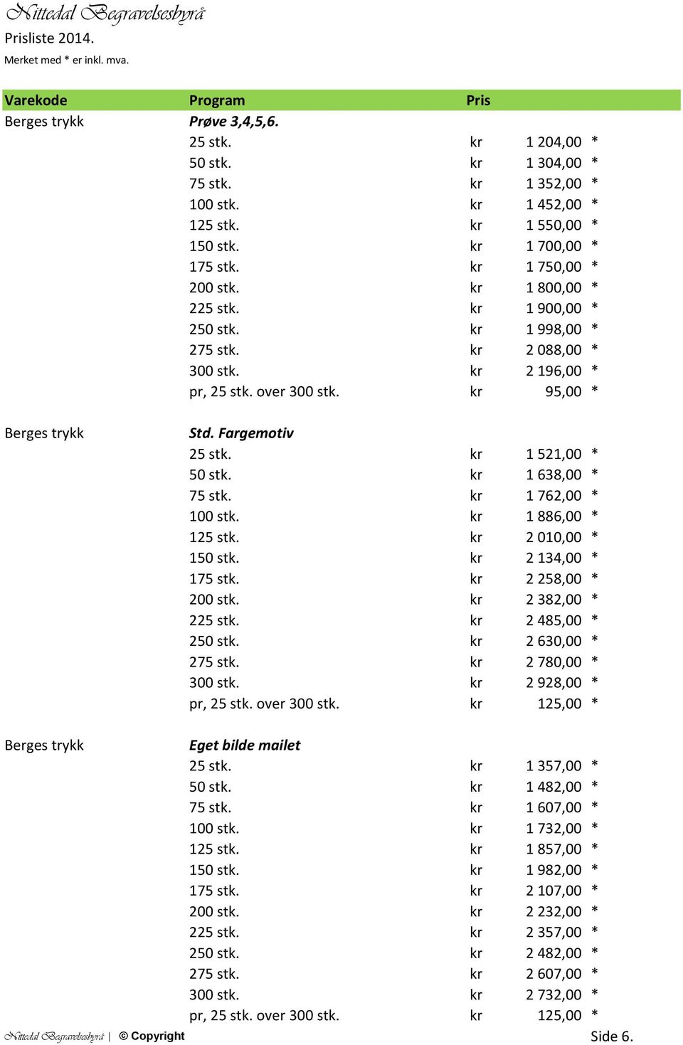 kr 1 521,00 * 50 stk. kr 1 638,00 * 75 stk. kr 1 762,00 * 100 stk. kr 1 886,00 * 125 stk. kr 2 010,00 * 150 stk. kr 2 134,00 * 175 stk. kr 2 258,00 * 200 stk. kr 2 382,00 * 225 stk.