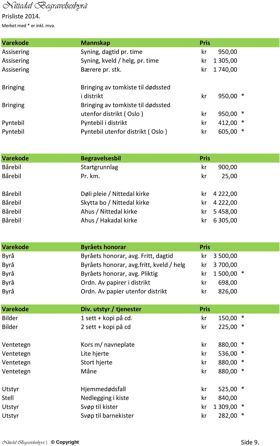 Pyntebil Pyntebil utenfor distrikt ( Oslo ) kr 605,00 * Varekode Begravelsesbil Pris Bårebil Startgrunnlag kr 900,00 Bårebil Pr. km.