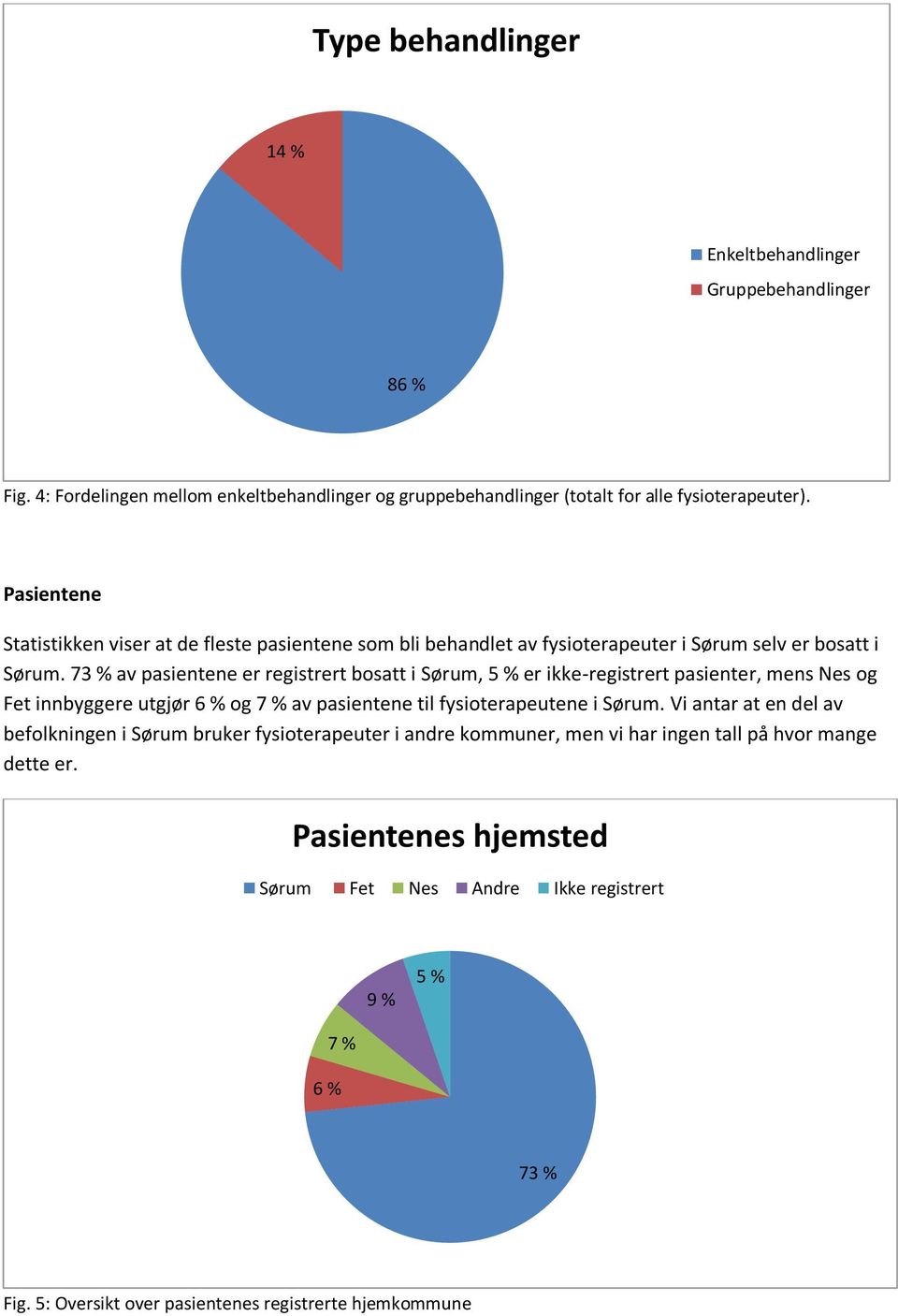 73 % av pasientene er registrert bosatt i Sørum, 5 % er ikke-registrert pasienter, mens Nes og Fet innbyggere utgjør 6 % og 7 % av pasientene til fysioterapeutene i Sørum.