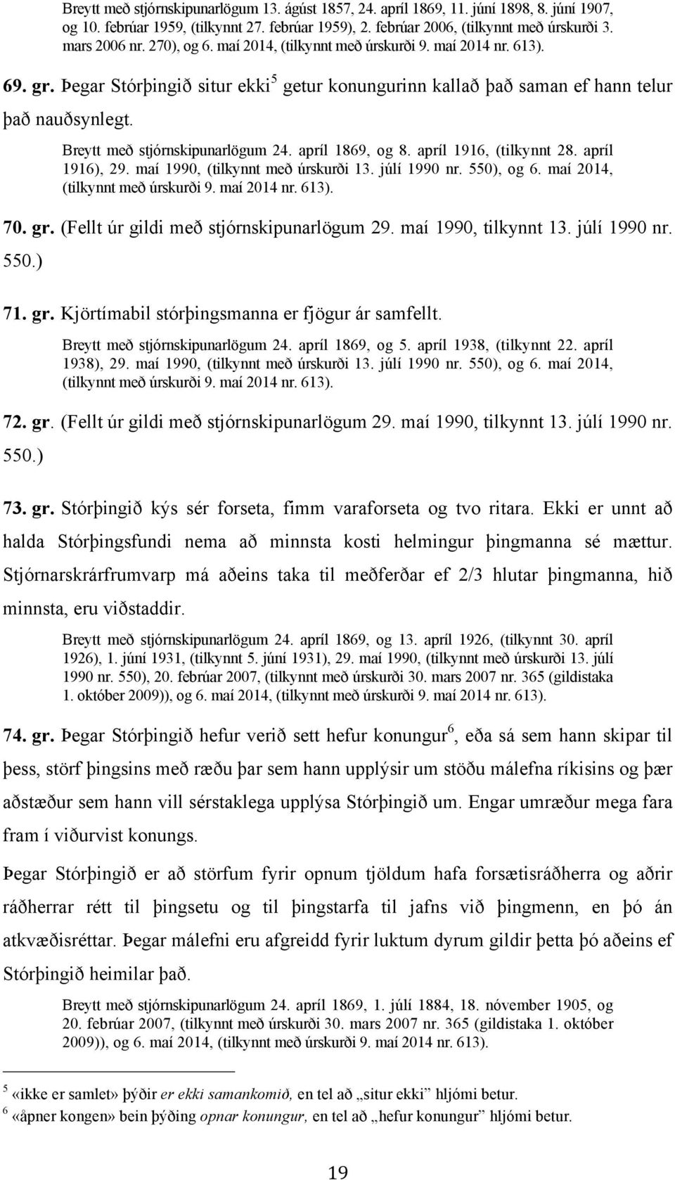 Breytt með stjórnskipunarlögum 24. apríl 1869, og 8. apríl 1916, (tilkynnt 28. apríl 1916), 29. maí 1990, (tilkynnt með úrskurði 13. júlí 1990 nr. 550), og 6. maí 2014, (tilkynnt með úrskurði 9.