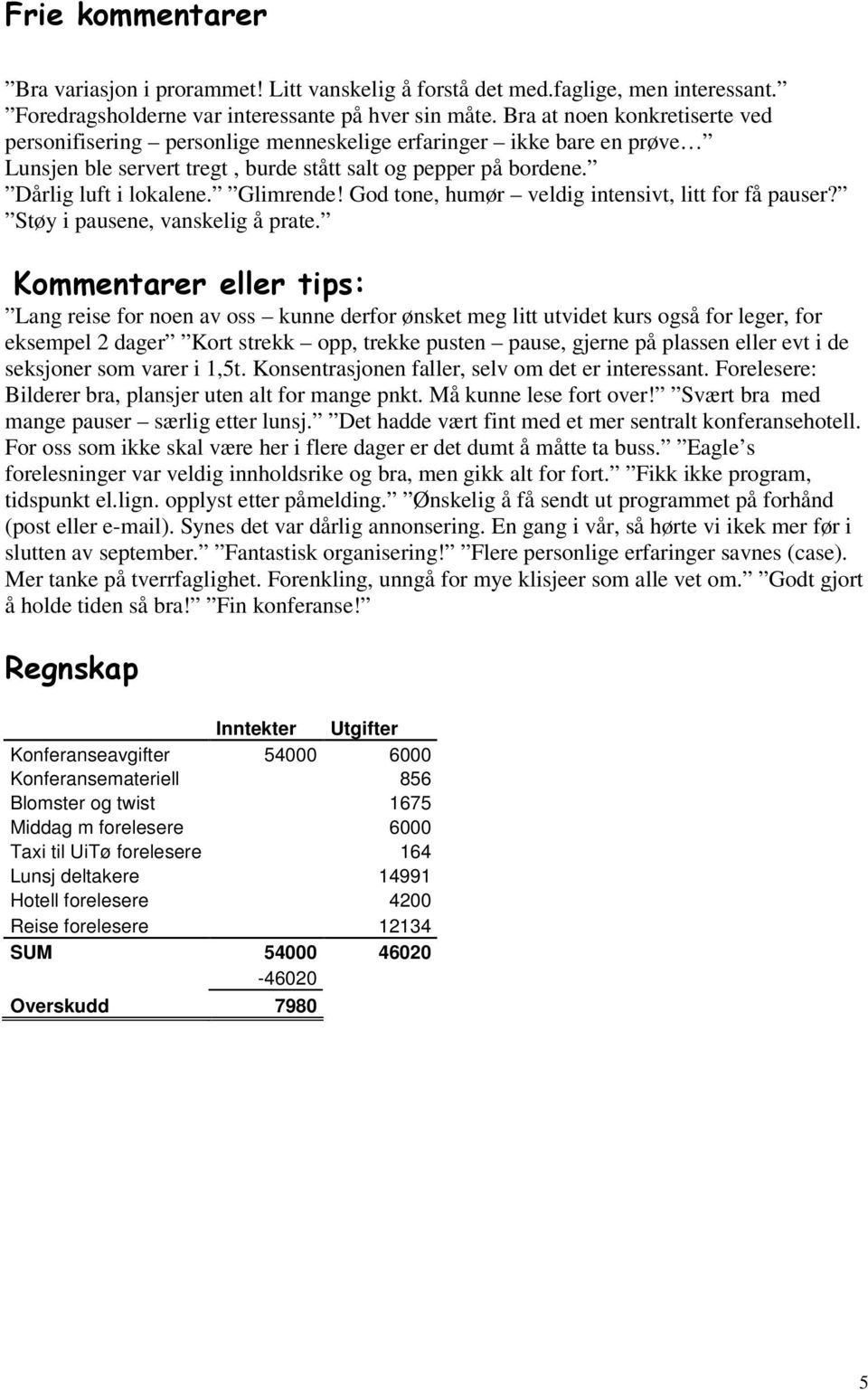 God tone, humør veldig intensivt, litt for få pauser? Støy i pausene, vanskelig å prate.