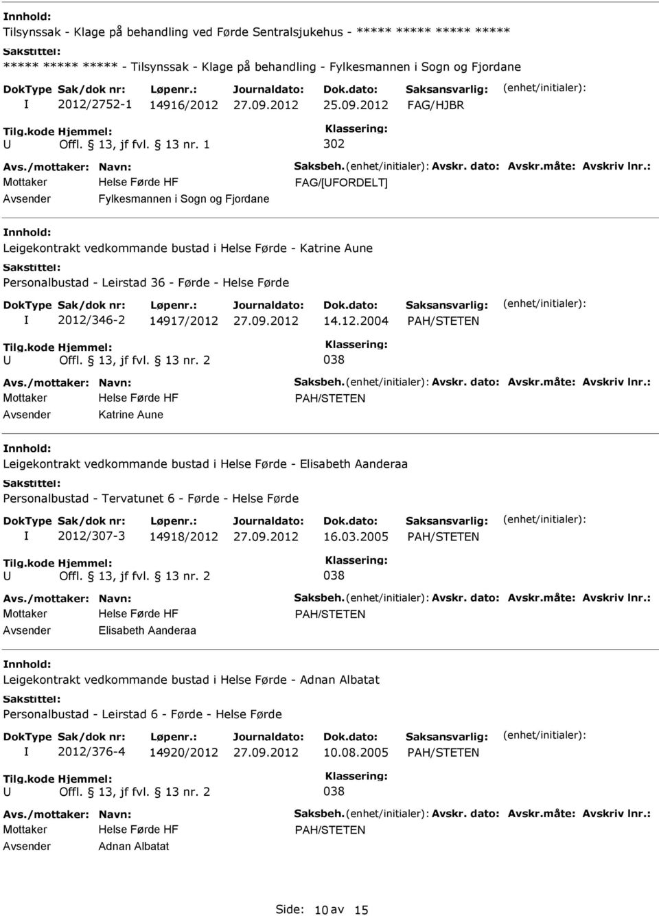 14917/2012 14.12.2004 Katrine Aune Leigekontrakt vedkommande bustad i Helse Førde - Elisabeth Aanderaa ersonalbustad - Tervatunet 6 - Førde - Helse Førde 2012/307-3 14918/2012 16.03.