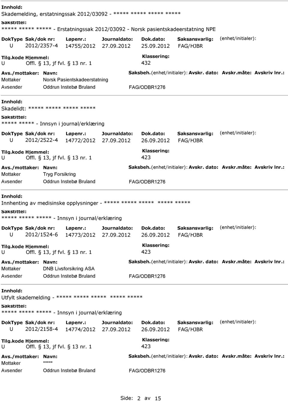 Forsikring Oddrun nstebø Bruland nnhenting av medisinske opplysninger - ***** ***** ***** ***** ***** ***** ***** ***** - nnsyn i journal/erklæring 2012/1524-6 14773/2012 Mottaker