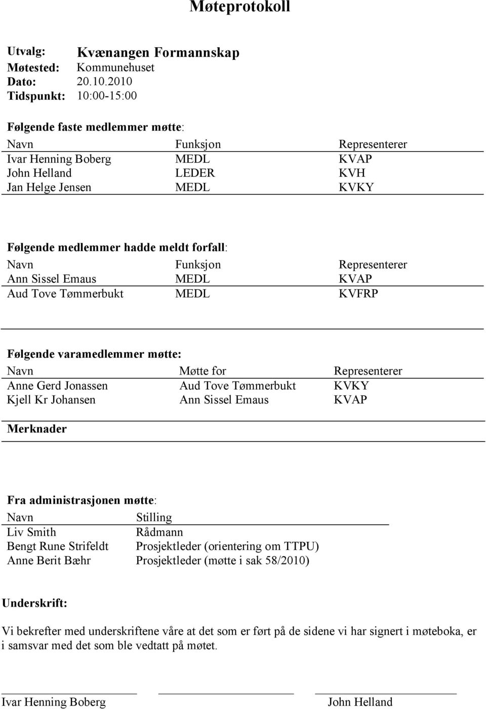 forfall: Navn Funksjon Representerer Ann Sissel Emaus MEDL KVAP Aud Tove Tømmerbukt MEDL KVFRP Følgende varamedlemmer møtte: Navn Møtte for Representerer Anne Gerd Jonassen Aud Tove Tømmerbukt KVKY