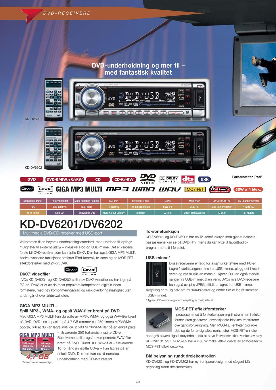 Gain Switcher 7-Band ieq HS-lV Tuner Line Out Subwoofer Out Multi-Colour Display Dimmer CD Text Direct Track Access 10 Skip KD-DV6201/DV6202 Multimedia DVD/CD-receiver med USB-port Velkommen til en