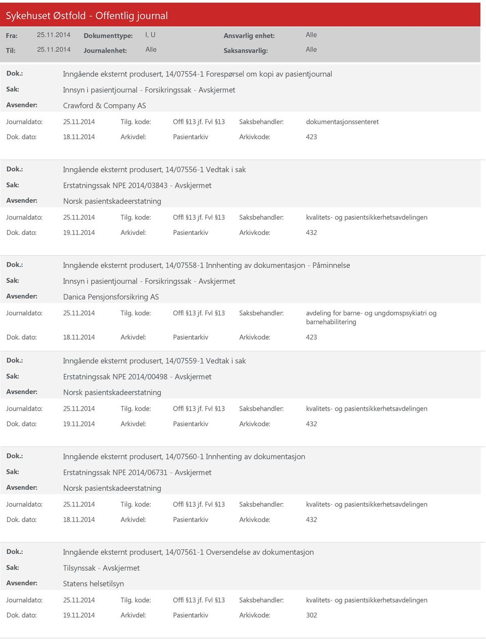 2014 Arkivdel: Pasientarkiv Arkivkode: 432 Inngående eksternt produsert, 14/07558-1 Innhenting av dokumentasjon - Påminnelse Innsyn i pasientjournal - Forsikringssak - Avskjermet Danica