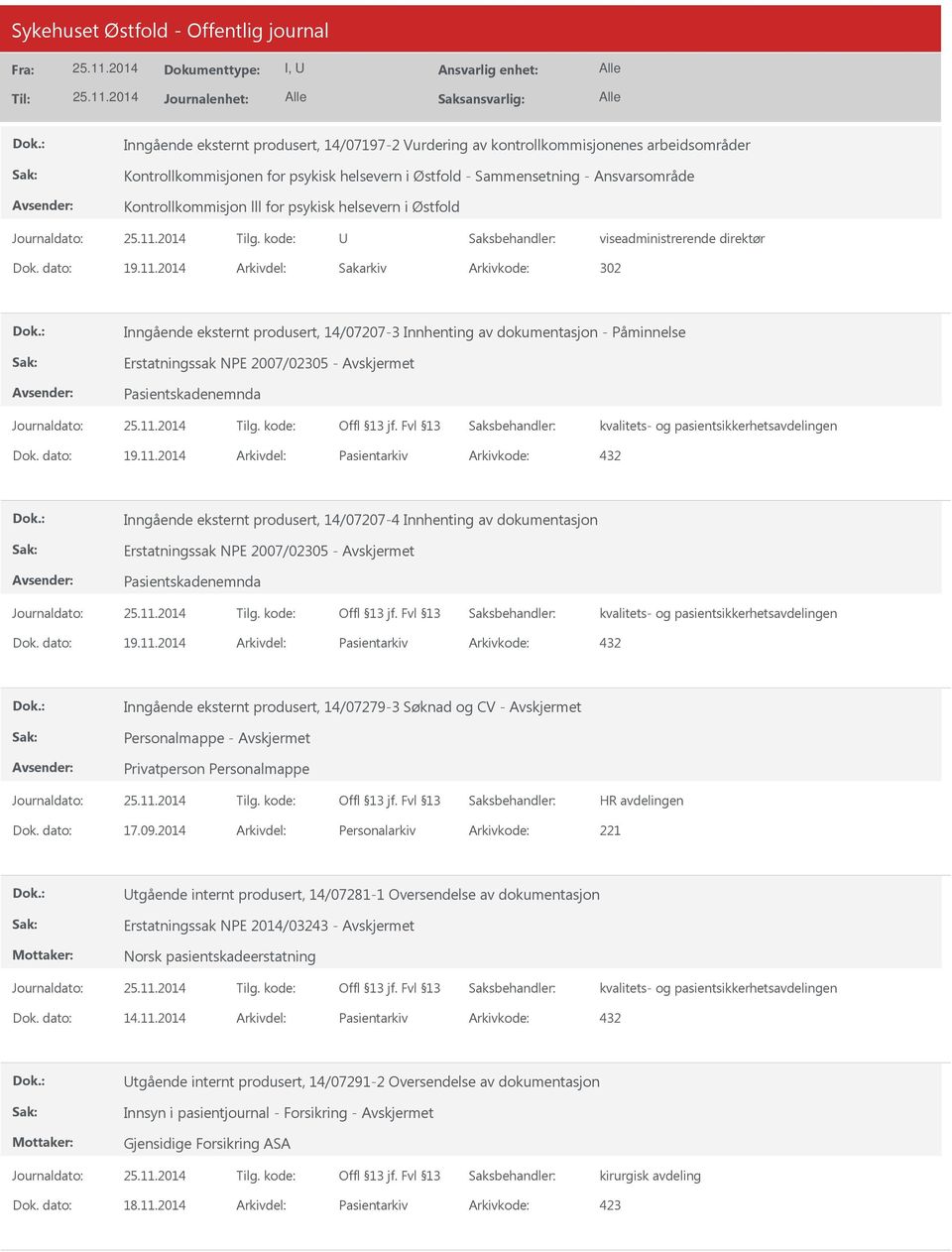 2014 Arkivdel: Sakarkiv Arkivkode: 302 Inngående eksternt produsert, 14/07207-3 Innhenting av dokumentasjon - Påminnelse Erstatningssak NPE 2007/02305 - Avskjermet Pasientskadenemnda Dok. dato: 19.11.