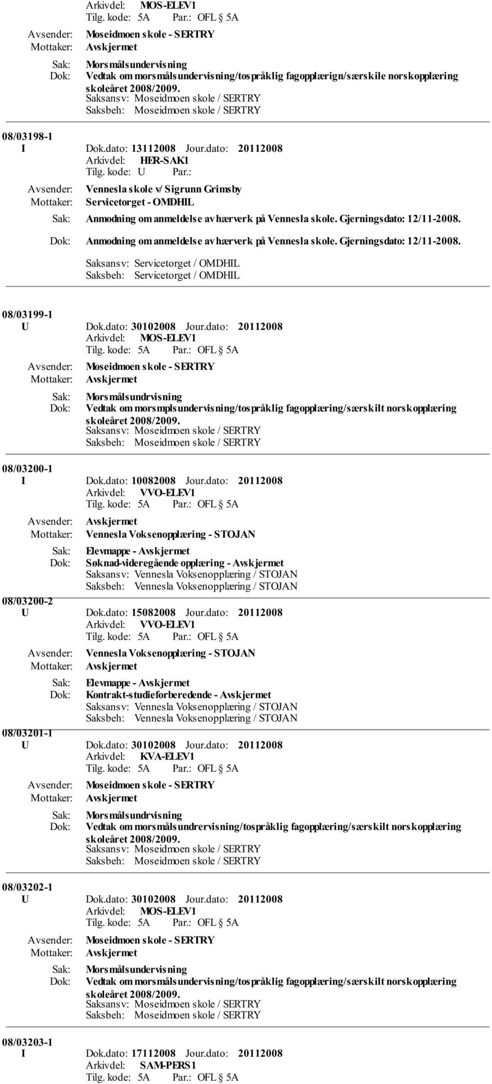 Anmodning om anmeldelse av hærverk på Vennesla skole. Gjerningsdato: 12/11-2008. Saksansv: Servicetorget / OMDHIL Saksbeh: Servicetorget / OMDHIL 08/03199-1 U Dok.dato: 30102008 Jour.