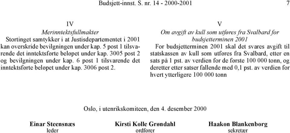 V Om avgift av kull som utføres fra Svalbard for budsjetterminen 2001 For budsjetterminen 2001 skal det svares avgift til statskassen av kull som utføres fra Svalbard, etter en sats på 1 pst.