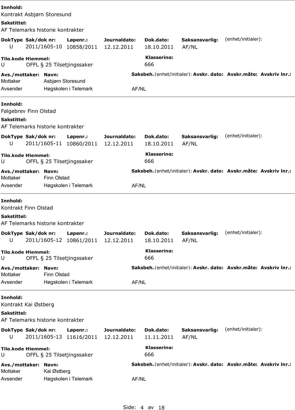 måte: Avskriv lnr.: Kontrakt Finn Olstad 2011/1605-12 10861/2011 Mottaker Finn Olstad Saksbeh. Avskr. dato: Avskr.