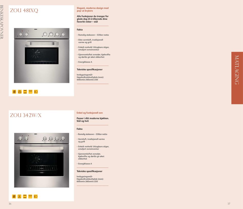 HøydexBreddexDybde (mm): 600xmin.560xmin.550 matlaging zou 342w/x Enkel og funksjonell ovn Passer i ditt moderne kjøkken.