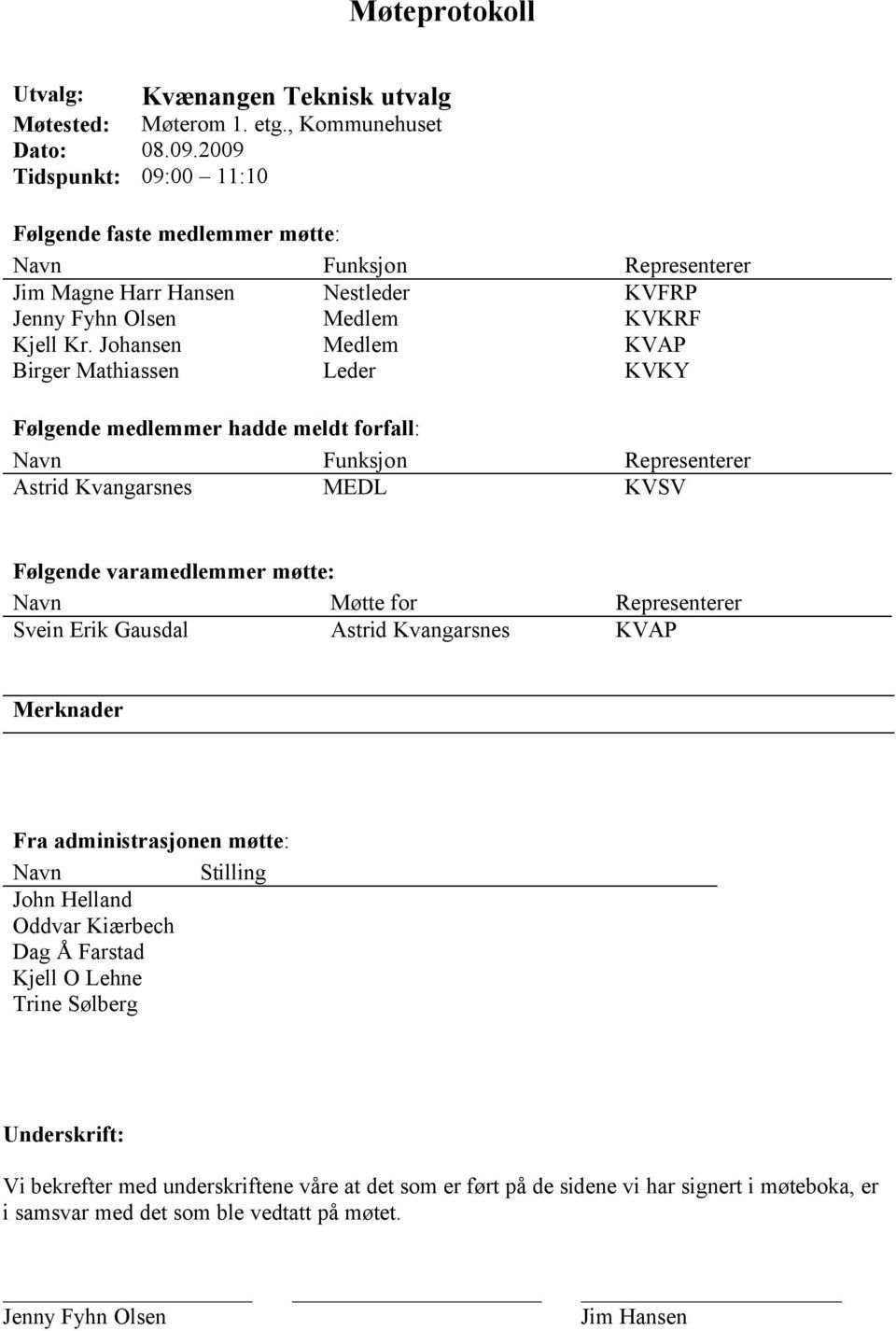 Johansen Medlem KVAP Birger Mathiassen Leder KVKY Følgende medlemmer hadde meldt forfall: Navn Funksjon Representerer Astrid Kvangarsnes MEDL KVSV Følgende varamedlemmer møtte: Navn Møtte for