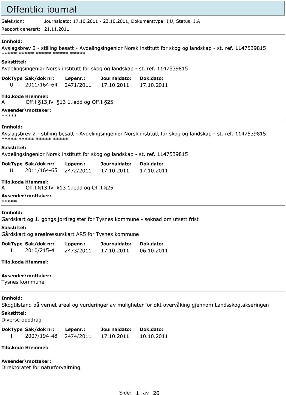 1147539815 2011/164-64 2471/2011 vslagsbrev 2 - stilling besatt - vdelingsingeniør Norsk institutt for skog og landskap - st. ref.  1147539815 2011/164-65 2472/2011 Gardskart og 1.