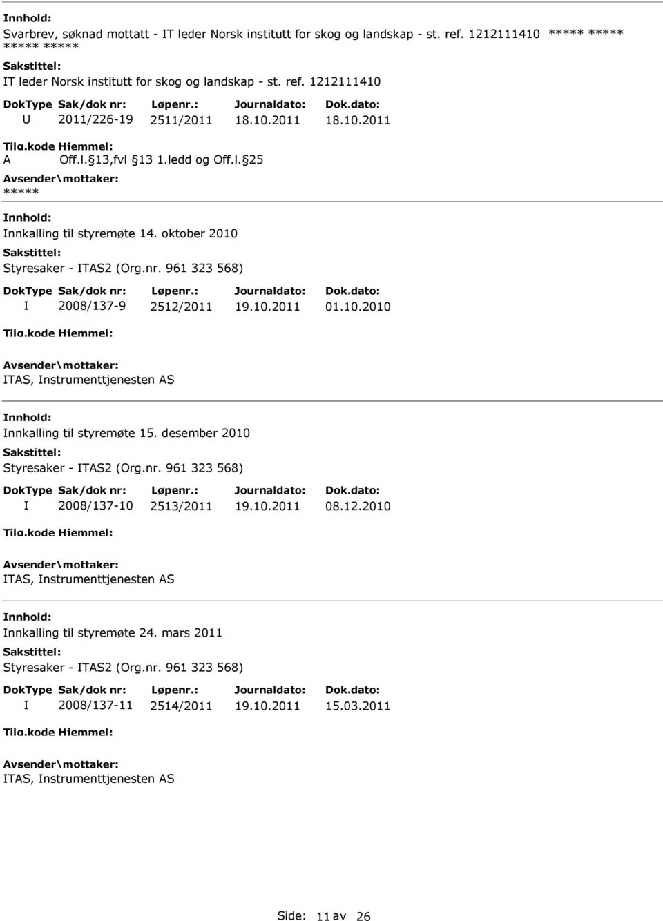 desember 2010 Styresaker - TS2 (Org.nr. 961 323 568) 2008/137-10 2513/2011 08.12.2010 TS, nstrumenttjenesten S nnkalling til styremøte 24.