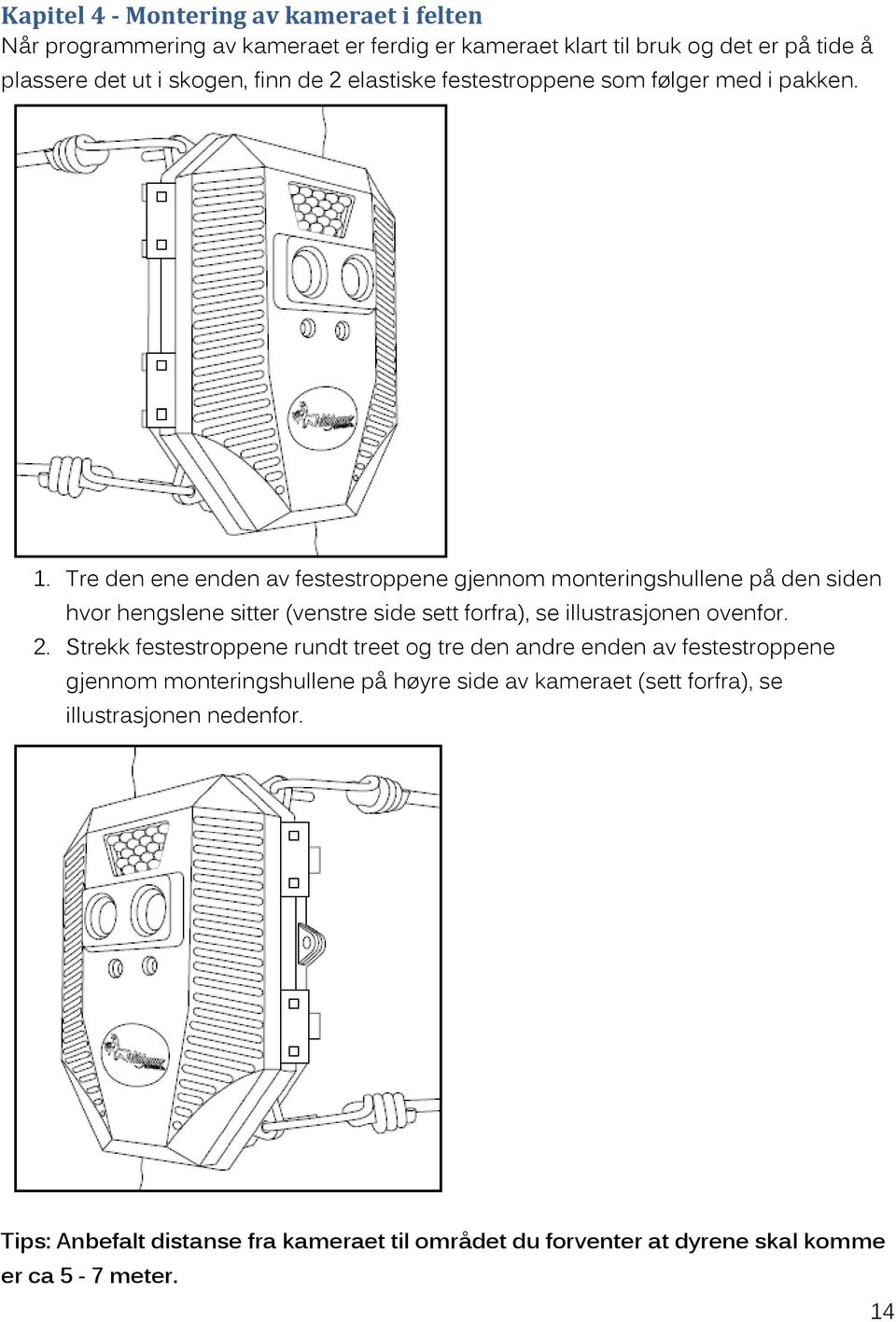 Tre den ene enden av festestroppene gjennom monteringshullene på den siden hvor hengslene sitter (venstre side sett forfra), se illustrasjonen ovenfor. 2.