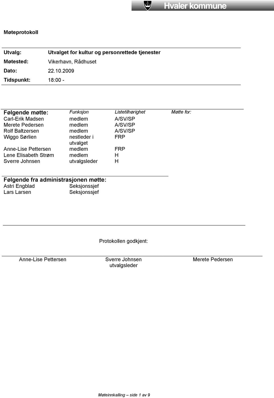 Baltzersen medlem A/SV/SP Wiggo Sørlien nestleder i FRP utvalget Anne-Lise Pettersen medlem FRP Lene Elisabeth Strøm medlem H Sverre Johnsen utvalgsleder