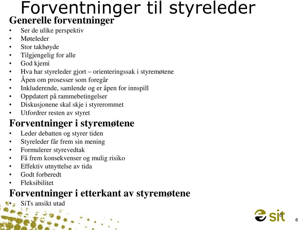 skal skje i styrerommet Utfordrer resten av styret Forventninger i styremøtene Leder debatten og styrer tiden Styreleder får frem sin mening Formulerer