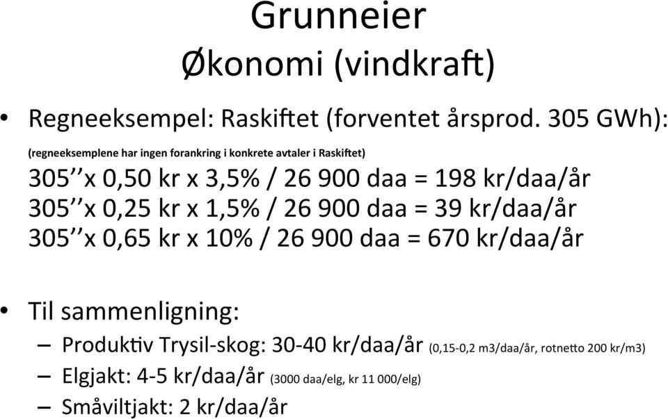 kr/daa/år 305 x 0,25 kr x 1,5% / 26 900 daa = 39 kr/daa/år 305 x 0,65 kr x 10% / 26 900 daa = 670 kr/daa/år Til