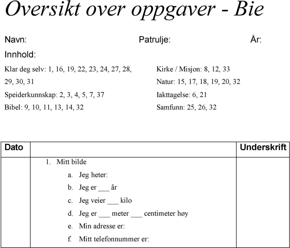 Iakttagelse: 6, 21 Bibel: 9, 10, 11, 13, 14, 32 Samfunn: 25, 26, 32 Dato 1. Mitt bilde a. Jeg heter: b.