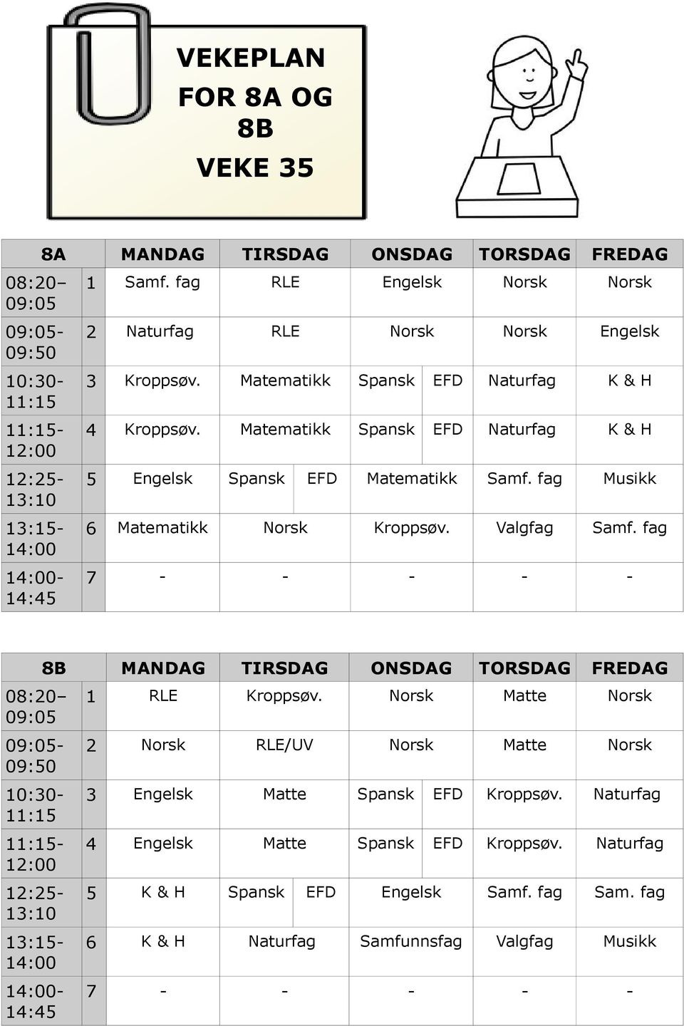 fag Musikk 6 Matematikk Norsk Kroppsøv. Valgfag Samf.