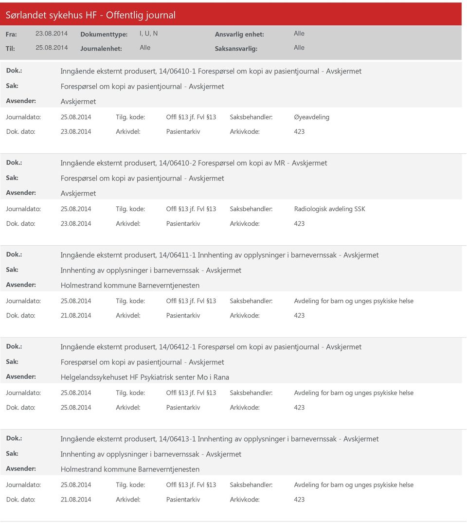 dato: Arkivdel: Pasientarkiv Arkivkode: 423 Inngående eksternt produsert, 14/06411-1 Innhenting av opplysninger i barnevernssak - Innhenting av opplysninger i barnevernssak - Holmestrand kommune