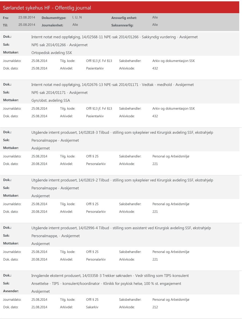 dato: Arkivdel: Pasientarkiv Arkivkode: 432 Utgående internt produsert, 14/02818-3 Tilbud - stilling som sykepleier ved Kirurgisk avdeling SSF, ekstrahjelp Personalmappe - Utgående internt produsert,