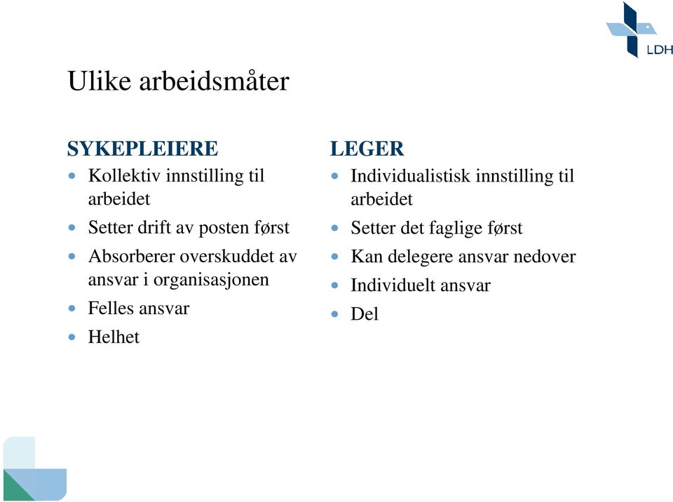 Felles ansvar Helhet LEGER Individualistisk innstilling til arbeidet