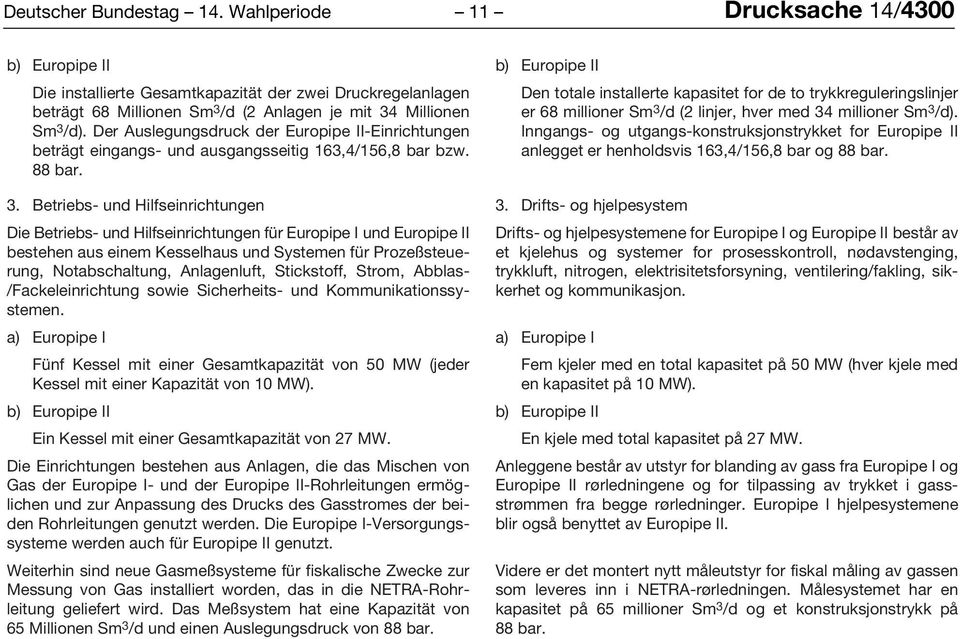 Der Auslegungsdruck der Europipe II-Einrichtungen beträgt eingangs- und ausgangsseitig 163,4/156,8 bar bzw. 88 bar. 3.