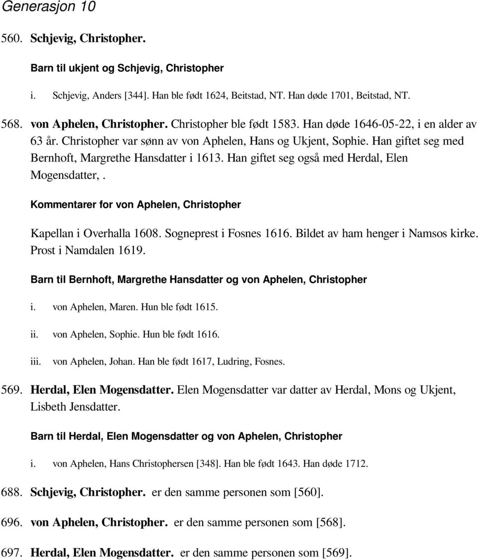 Han giftet seg med Bernhoft, Margrethe Hansdatter i 1613. Han giftet seg også med Herdal, Elen Mogensdatter,. Kommentarer for von Aphelen, Christopher Kapellan i Overhalla 1608.