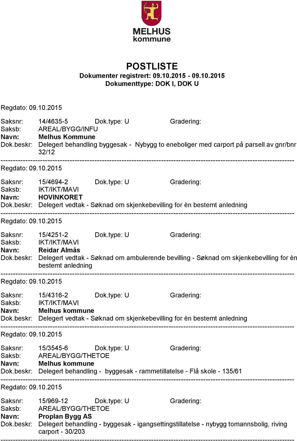 beskr: Delegert vedtak - Søknad om ambulerende bevilling - Søknad om skjenkebevilling for èn bestemt anledning Saksnr: 15/4316-2 Dok.type: U Gradering: Dok.