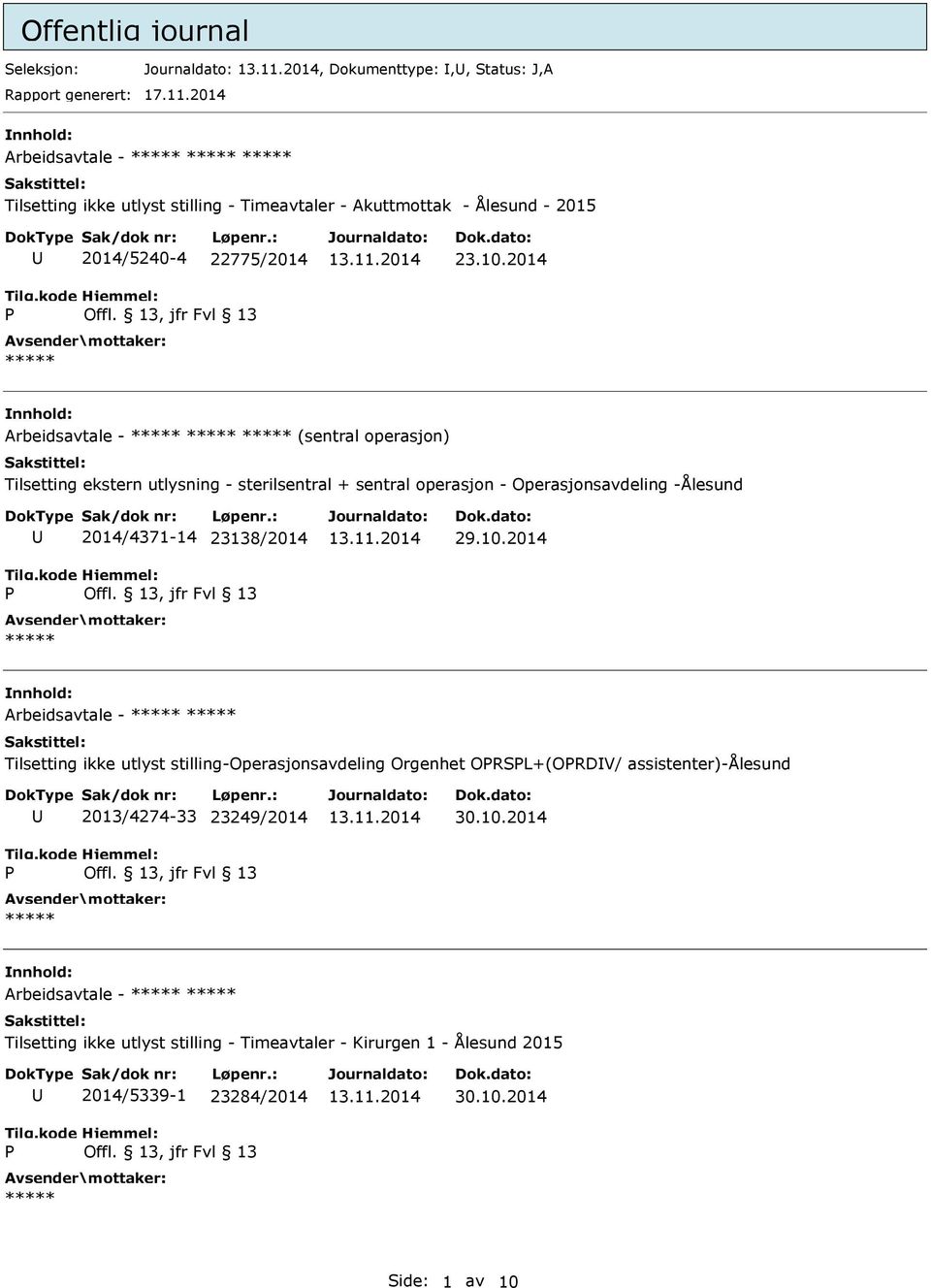 2014 Arbeidsavtale - (sentral operasjon) Tilsetting ekstern utlysning - sterilsentral + sentral operasjon - Operasjonsavdeling -Ålesund 2014/4371-14 23138/2014 29.10.