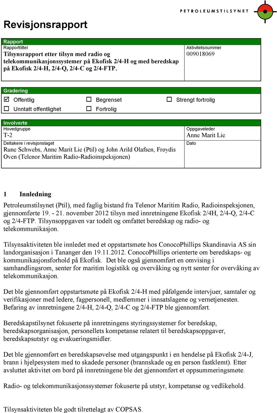 Schwebs, Anne Marit Lie (Ptil) og John Arild Olafsen, Frøydis Oven (Telenor Maritim Radio-Radioinspeksjonen) Dato 1 Innledning Petroleumstilsynet (Ptil), med faglig bistand fra Telenor Maritim Radio,