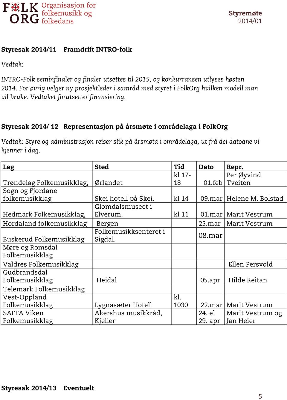 Styresak 2014/ 12 Representasjon på årsmøte i områdelaga i FolkOrg Styre og administrasjon reiser slik på årsmøta i områdelaga, ut frå dei datoane vi kjenner i dag.