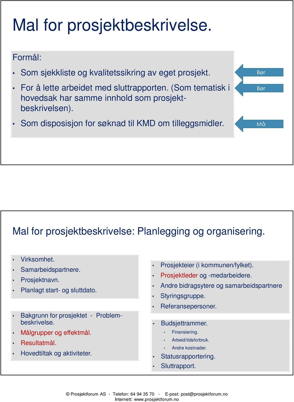 Må Mal for prosjektbeskrivelse: Planlegging og organisering. Virksomhet. Samarbeidspartnere. Prosjektnavn. Planlagt start- og sluttdato. Bakgrunn for prosjektet - Problembeskrivelse.