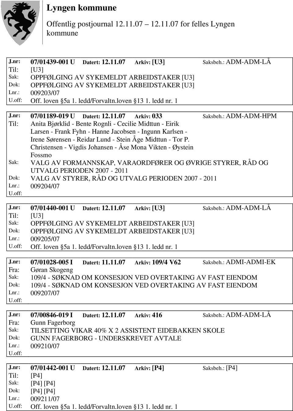 Christensen - Vigdis Johansen - Åse Mona Vikten - Øystein Fossmo Dok: VALG AV STYRER, RÅD OG Lnr.: 009204/07 J.nr: 07/01440-001 U Datert: 12.11.07 Arkiv: [U3] Saksbeh.: ADM-ADM-LÅ Lnr.: 009205/07 Off.