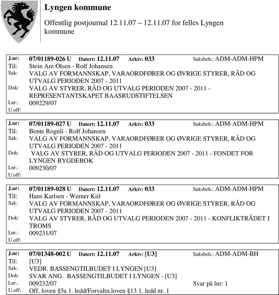 nr: 07/01189-028 U Datert: 12.11.07 Arkiv: 033 Saksbeh.: ADM-ADM-HPM Til: Hans Karlsen - Werner Kiil Dok: VALG AV STYRER, RÅD OG - KONFLIKTRÅDET I TROMS Lnr.: 009231/07 J.