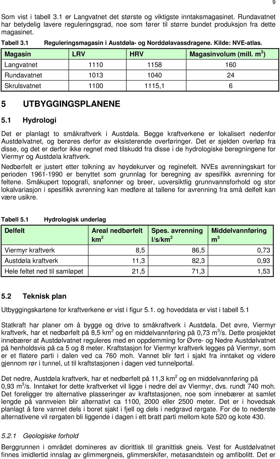 m 3 ) Langvatnet 1110 1158 160 Rundavatnet 1013 1040 24 Skrulsvatnet 1100 1115,1 6 5 UTBYGGINGSPLANENE 5.1 Hydrologi Det er planlagt to småkraftverk i Austdøla.