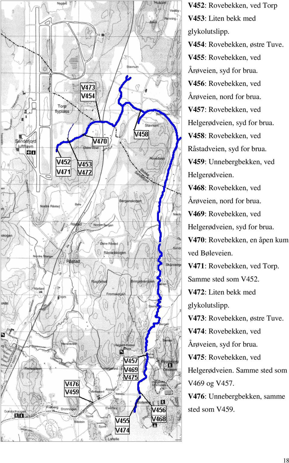 V468: Rovebekken, ved Årøveien, nord for brua. V469: Rovebekken, ved Helgerødveien, syd for brua. V470: Rovebekken, en åpen kum ved Bøleveien. V471: Rovebekken, ved Torp.