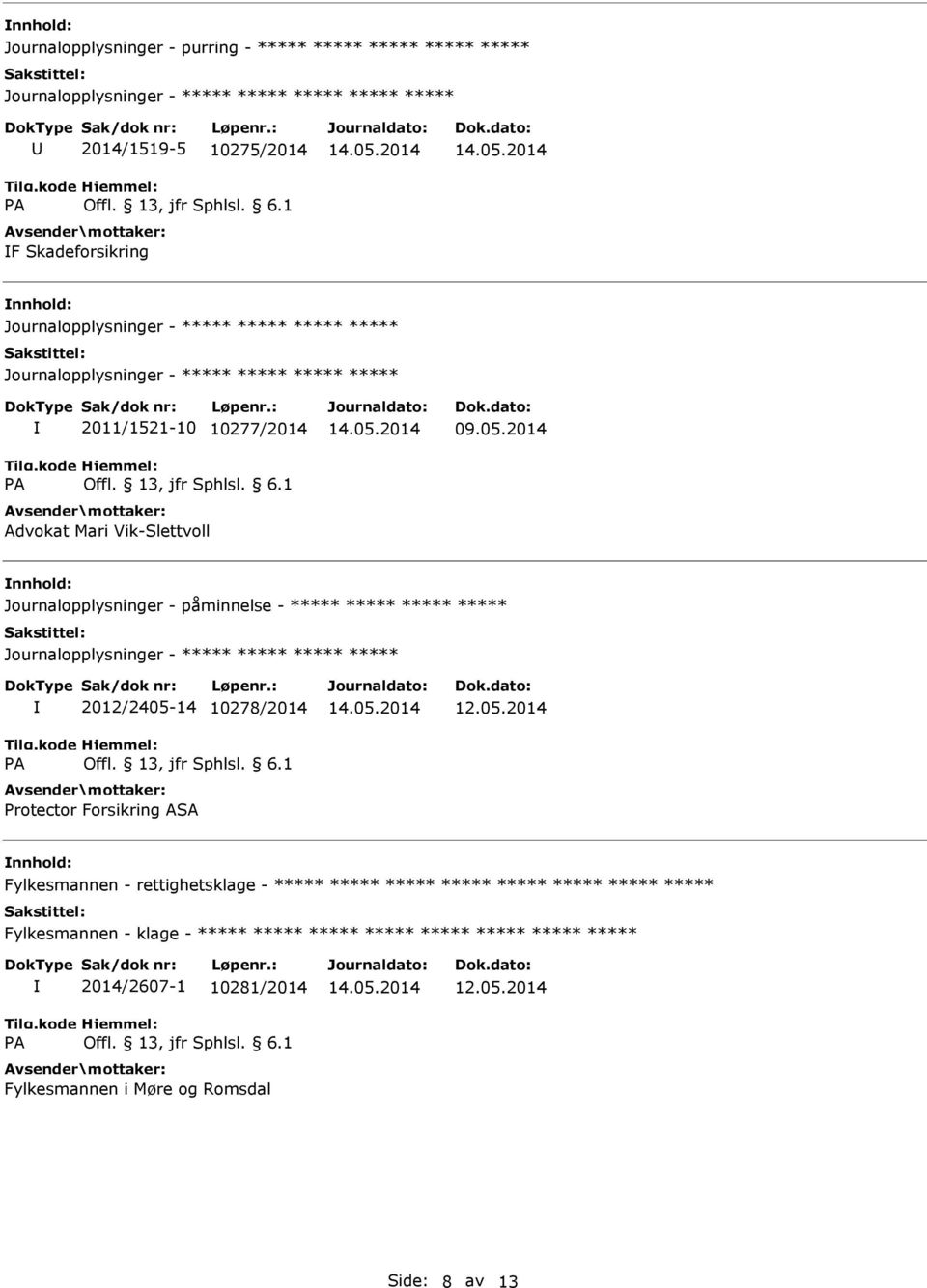 2014 Journalopplysninger - påminnelse - Journalopplysninger - A 2012/2405-14 10278/2014 rotector Forsikring ASA 12.