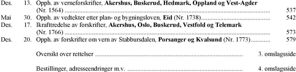 20. Opph. av forskrifter om vern av Stabbursdalen, Porsanger og Kvalsund (Nr. 1773)... 579 Oversikt over rettelser.