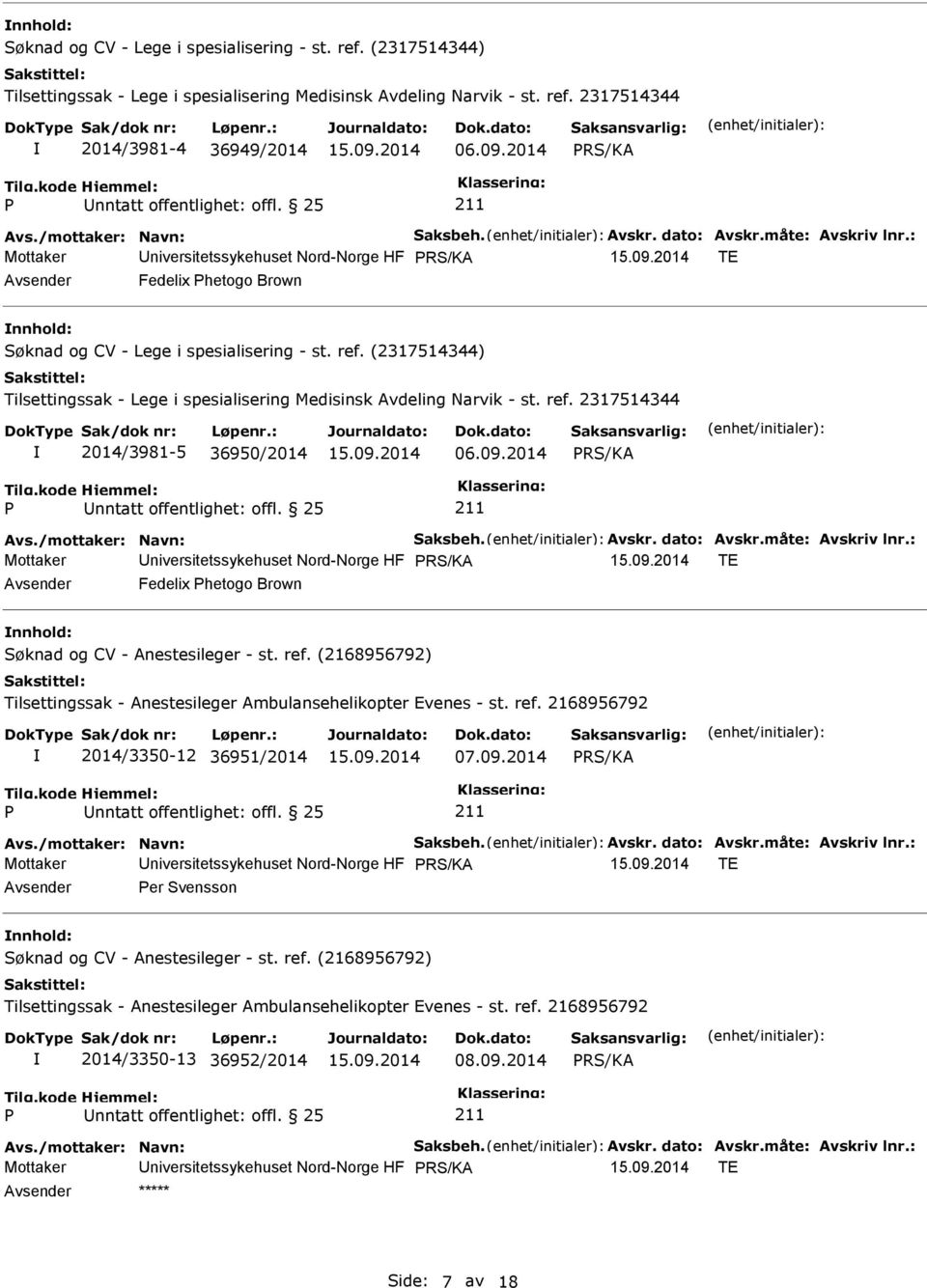 (2317514344) Tilsettingssak - Lege i spesialisering Medisinsk Avdeling Narvik - st. ref. 2317514344 2014/3981-5 36950/2014 06.09.2014 Avs./mottaker: Navn: Saksbeh. Avskr. dato: Avskr.