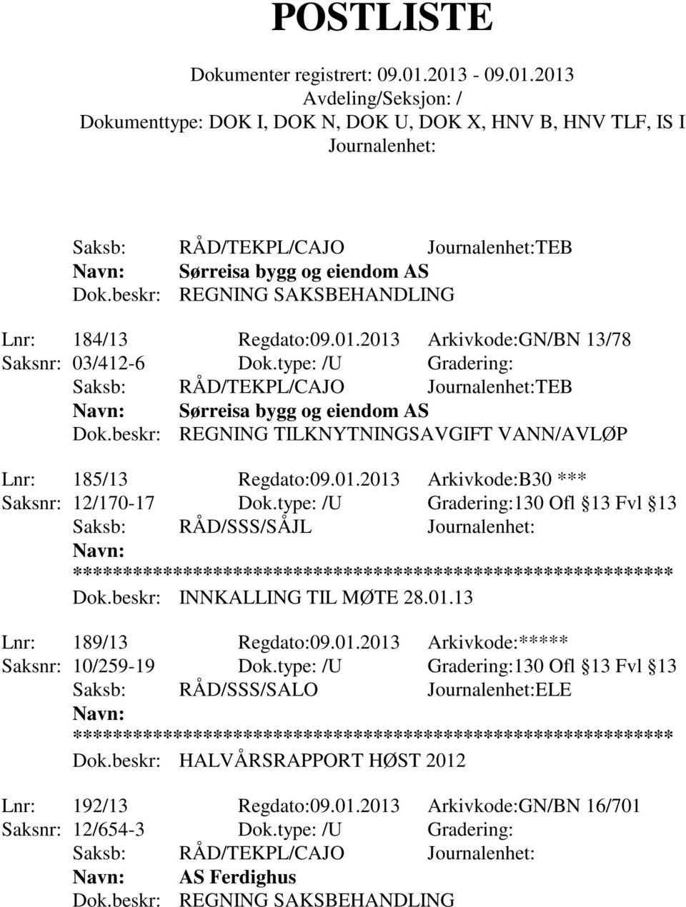 type: /U Gradering:130 Ofl 13 Fvl 13 Saksb: RÅD/SSS/SÅJL Dok.beskr: INNKALLING TIL MØTE 28.01.13 Lnr: 189/13 Regdato:09.01.2013 Arkivkode:***** Saksnr: 10/259-19 Dok.