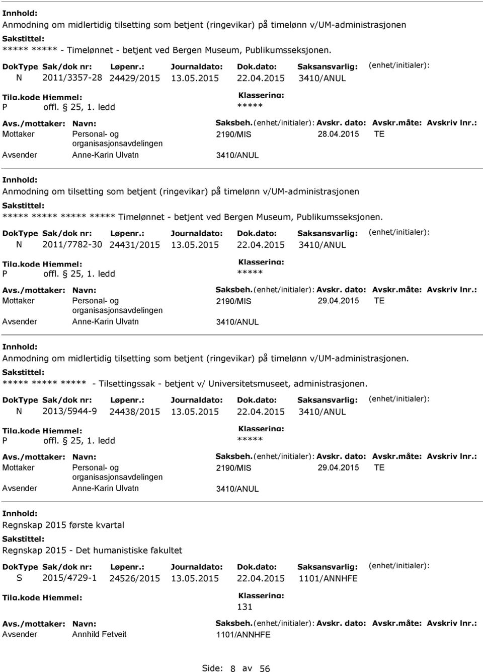 2015 TE organisasjonsavdelingen Anne-Karin lvatn 3410/AL Anmodning om tilsetting som betjent (ringevikar) på timelønn v/m-administrasjonen Timelønnet - betjent ved Bergen Museum, ublikumsseksjonen.