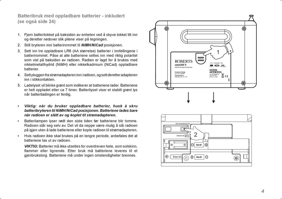 Radien er lagd for å brukes med nikkelmetallhydrid (NiMH) eller nikkelkadmium (NiCad) oppladbare batterier. 4.